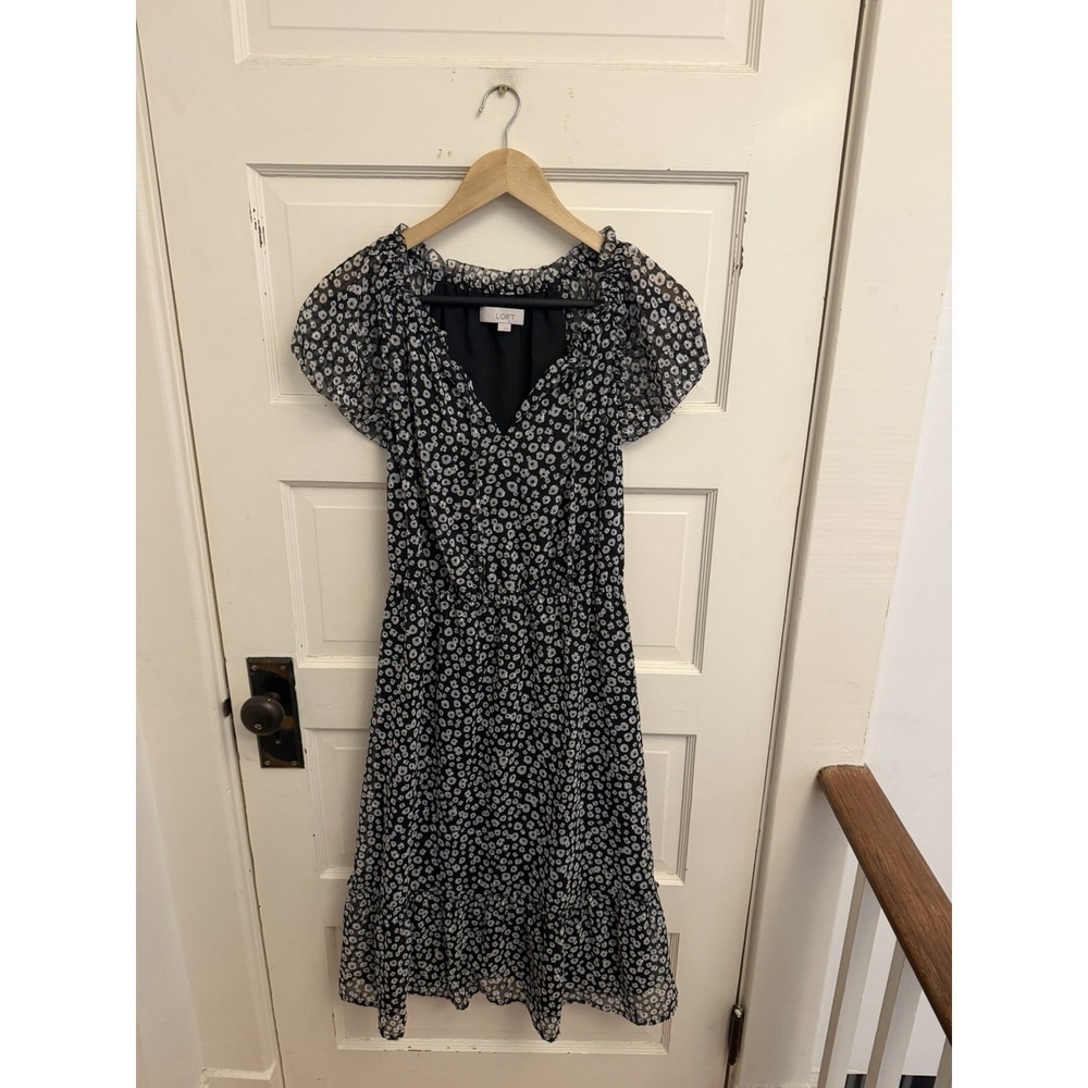 Loft Women's Floral Midi Dress Black White Flutter Sleeve Tiered Chiffon Small‎
